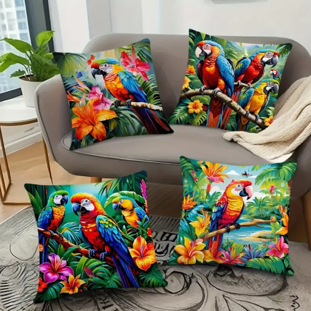 4pcs Tropical Parrot Plush Throw Pillowcase, Washable Home Decoration, 18×18” - Picture 1 of 6